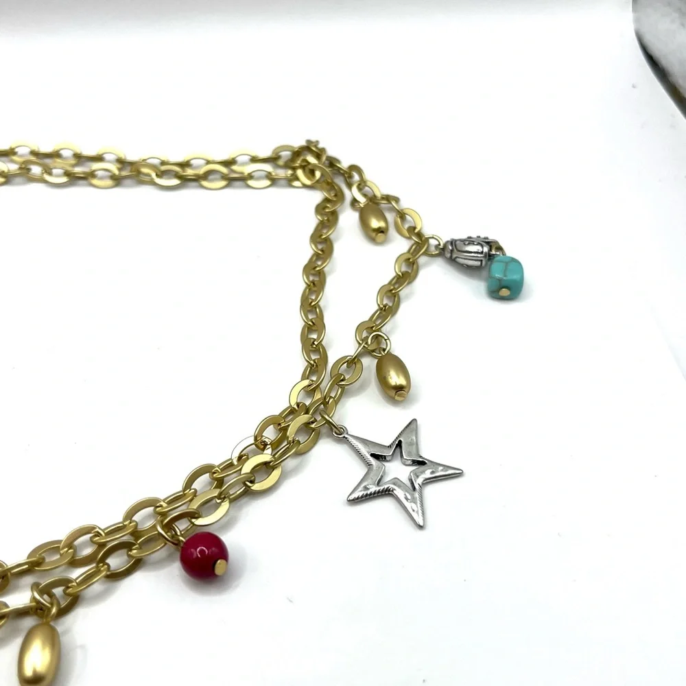 Charm Necklace Bee Heart Star Butterfly Gold Tone with Colorful Beads  Long